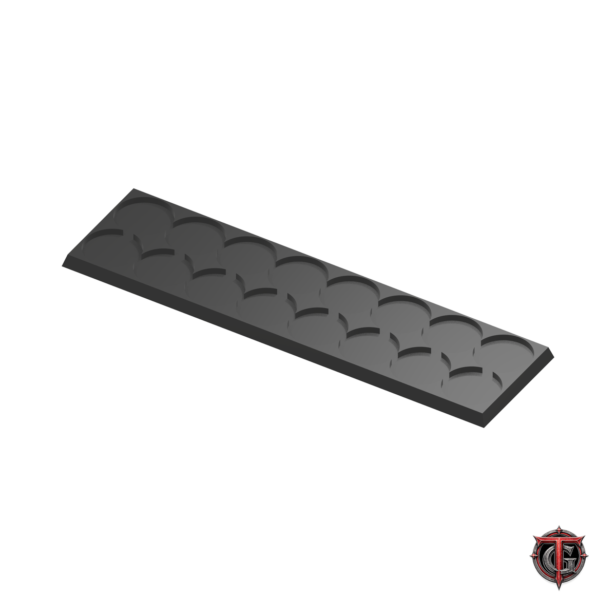25mm Round to 25mm Square Base 8x2 Movement Tray Converter in black, model recesses facing up, on a white background with Terrain Genesis logo.