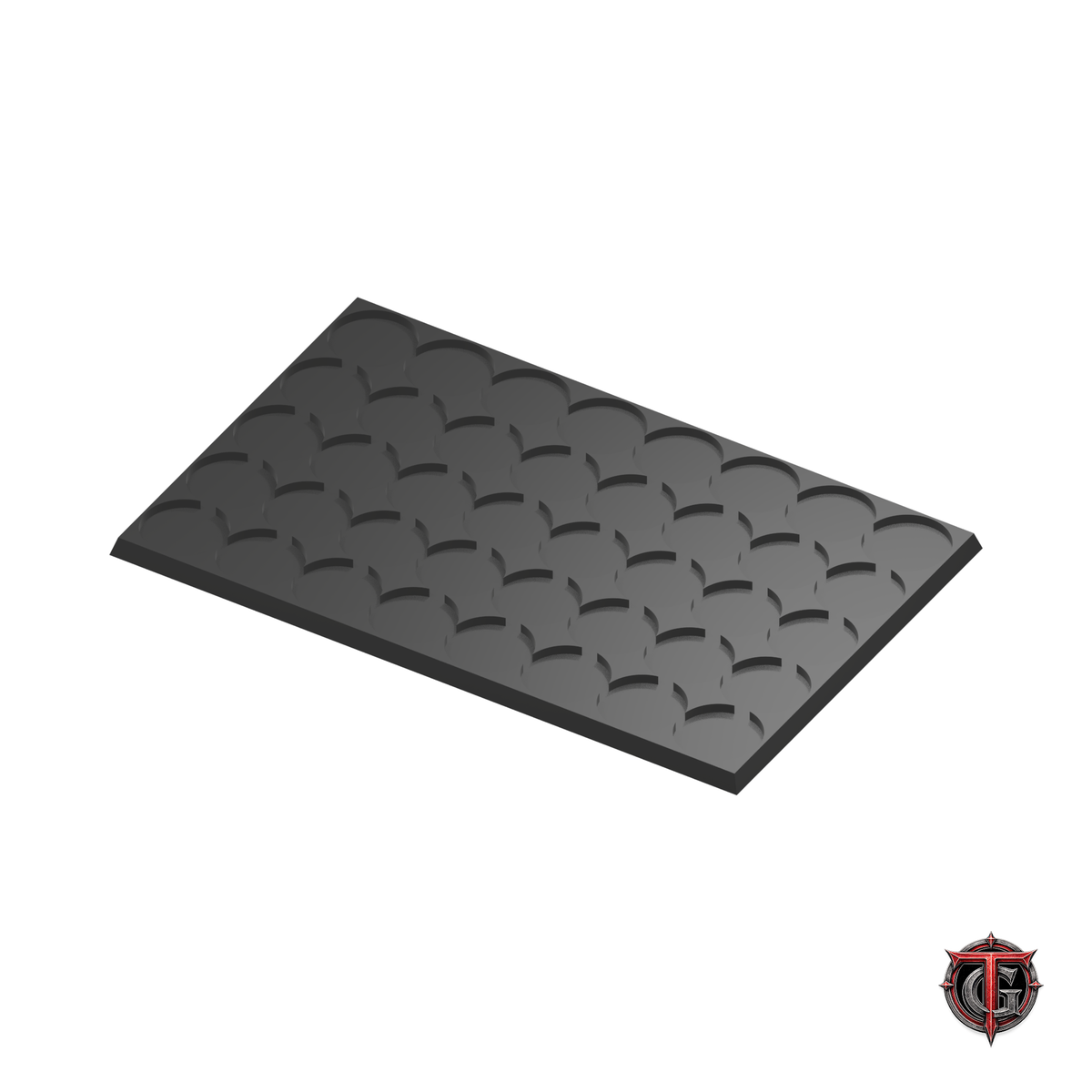 25mm Round to 25mm Square Base 8x5 Movement Tray Converter in black, model recesses facing up, on a white background with Terrain Genesis logo.