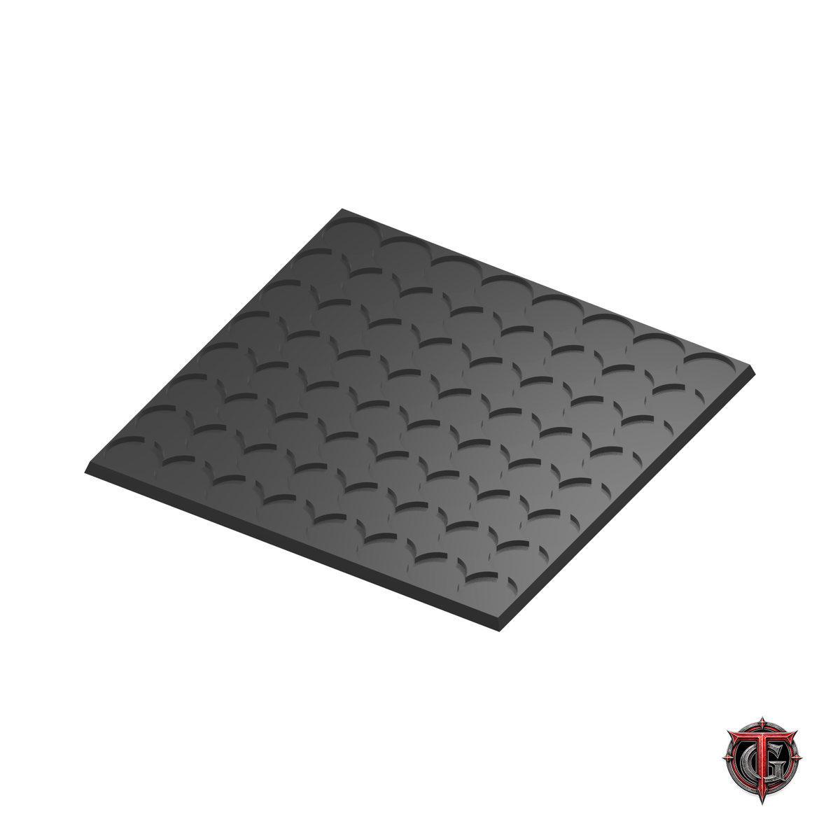 25mm Round to 25mm Square Base 8x8 Movement Tray Converter in black, model recesses facing up, on a white background with Terrain Genesis logo.