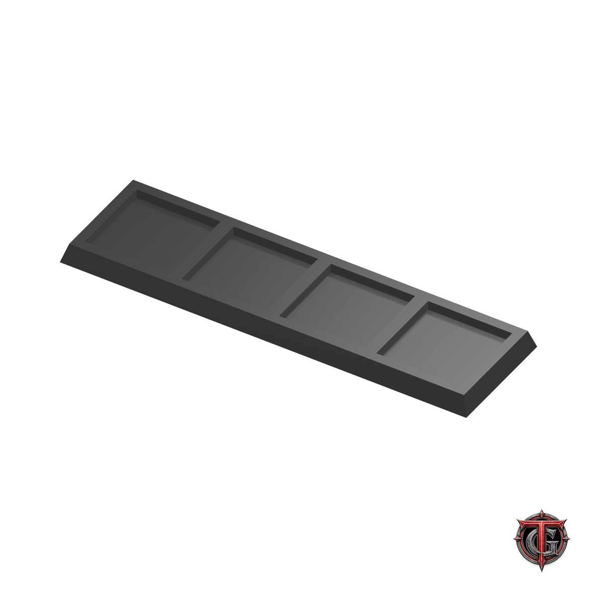 25mm to 30mm Square Base 4x1 Movement Tray Converter in black, model recesses facing up, on a white background with Terrain Genesis logo.