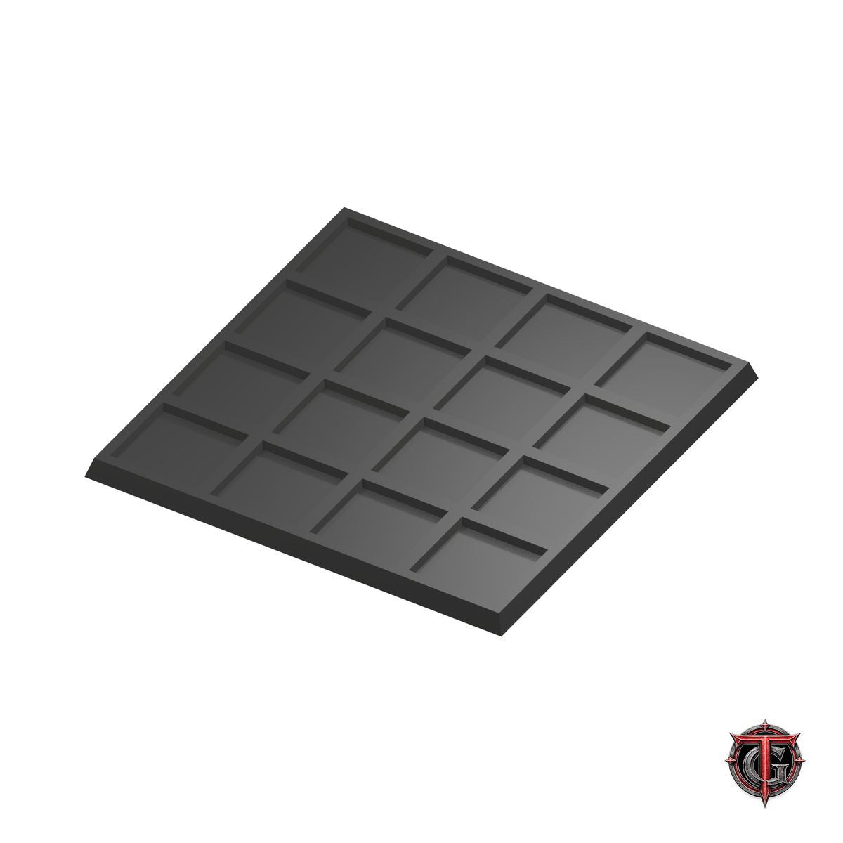 25mm to 30mm Square Base 4x4 Movement Tray Converter in black, model recesses facing up, on a white background with Terrain Genesis logo.