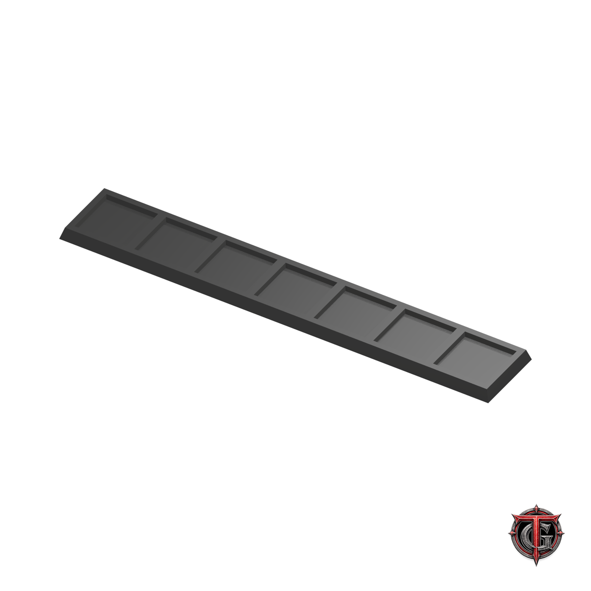 25mm to 30mm Square Base 7x1 Movement Tray Converter in black, model recesses facing up, on a white background with Terrain Genesis logo.