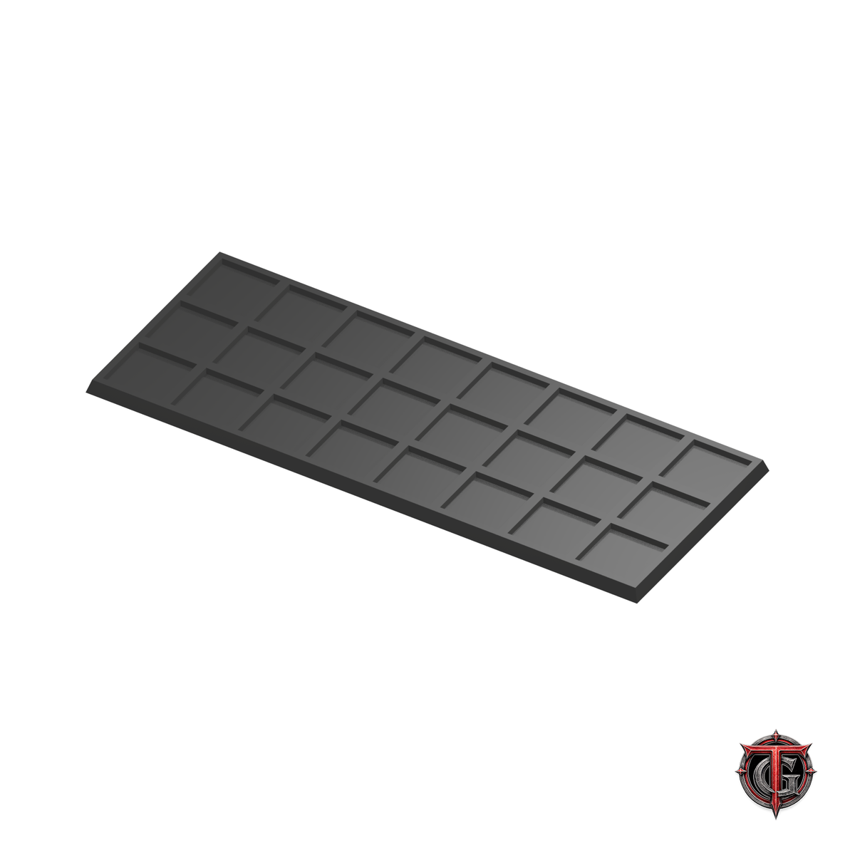 25mm to 30mm Square Base 8x3 Movement Tray Converter in black, model recesses facing up, on a white background with Terrain Genesis logo.