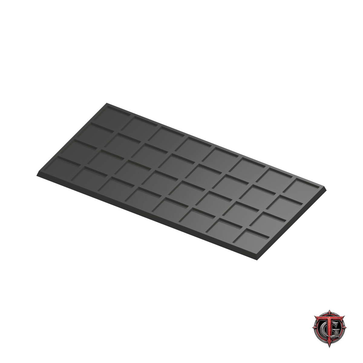 25mm to 30mm Square Base 8x4 Movement Tray Converter in black, model recesses facing up, on a white background with Terrain Genesis logo.