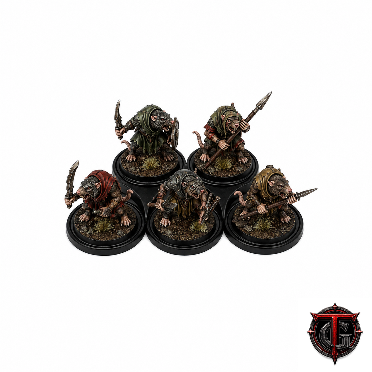 Painted miniatures on a 25mm 5-model 3-2 cloud movement tray
