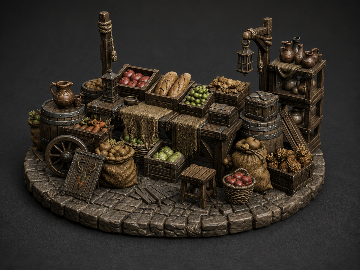 Food market stall terrain, 32mm, unpainted resin