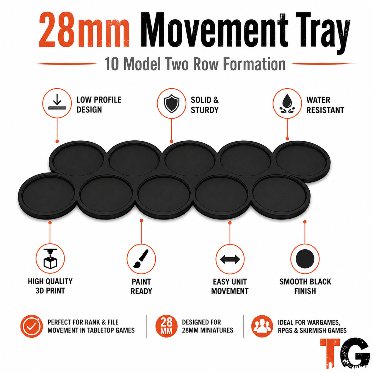 Dimensions and features of the 28mm two-row straight movement tray, which holds 10 miniatures