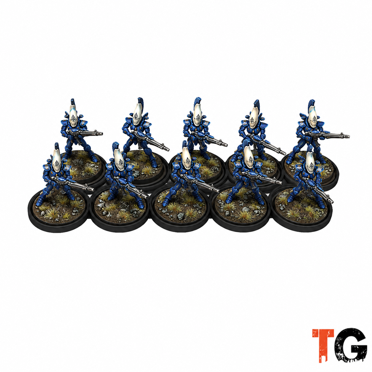 Ten painted miniatures in two straight rows on a 28mm movement tray