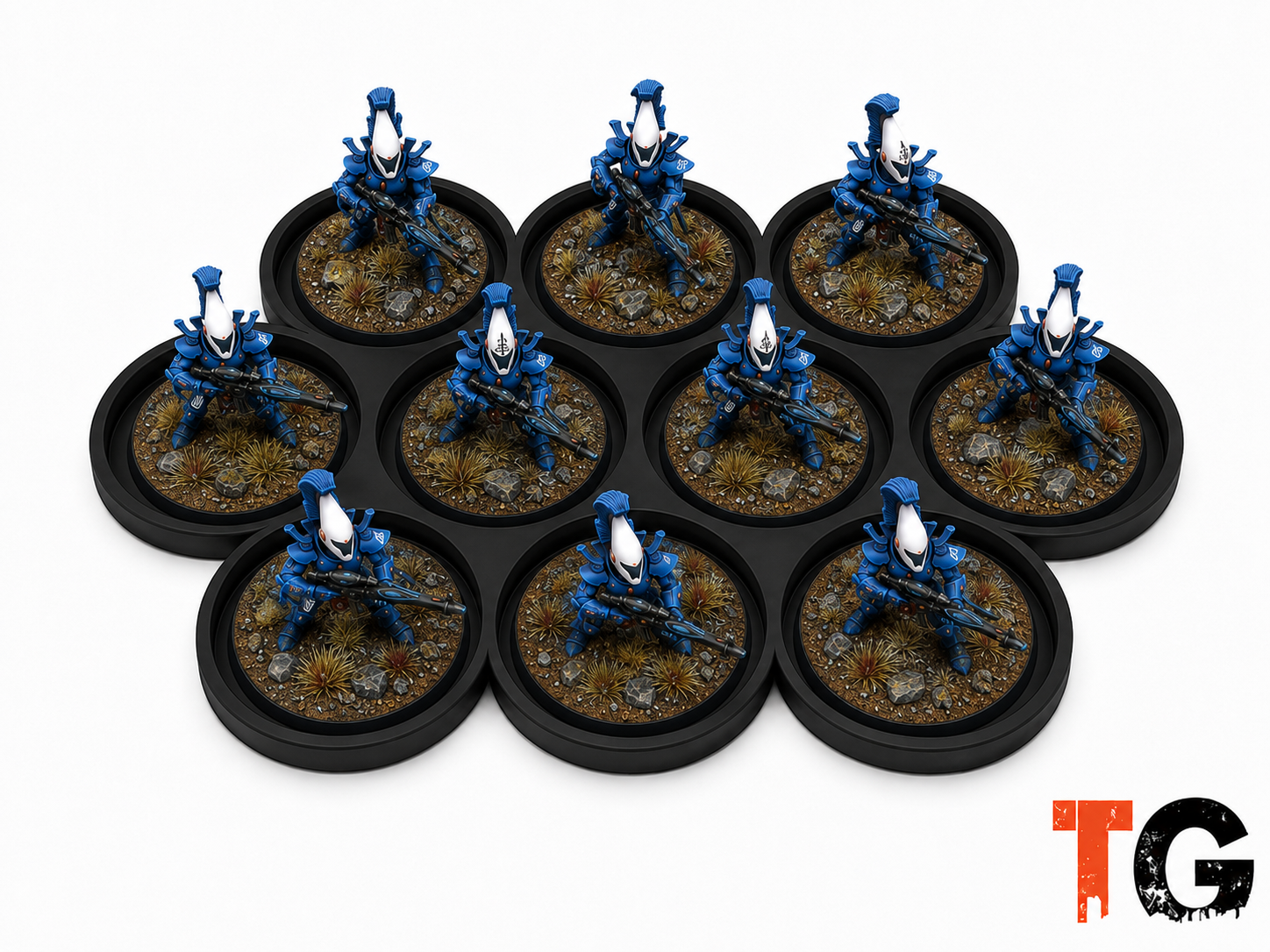 Ten painted miniatures on a 28mm 3x4x3 cloud formation movement tray