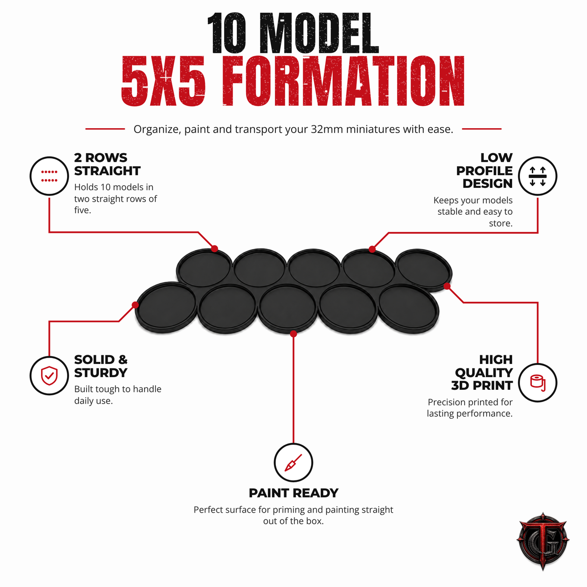 Product highlights for the 32mm 10 model two row straight movement tray: low profile, sturdy, 3D printed, paint ready