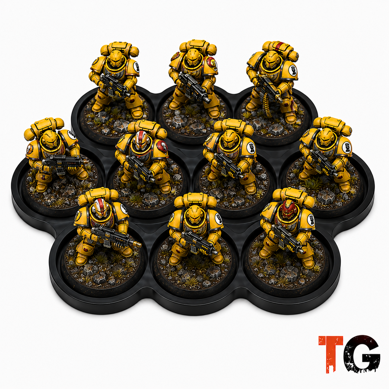Ten painted miniatures on a 32mm 3x4x3 cloud formation movement tray