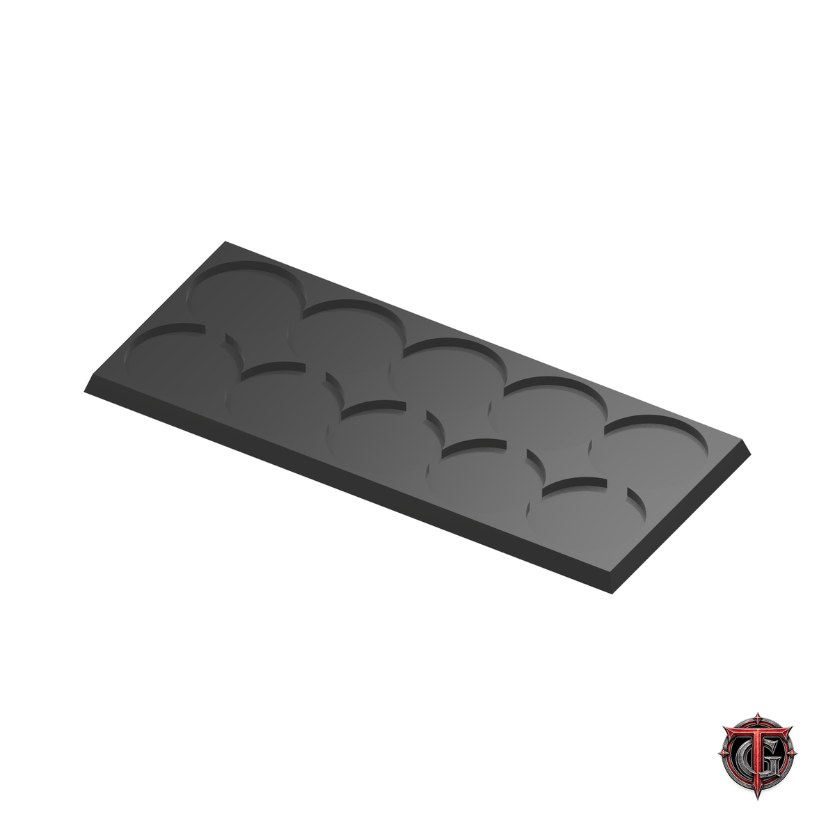 32mm Round to 30mm Square Base 5x2 Movement Tray Converter in black, model recesses facing up, on a white background with Terrain Genesis logo.