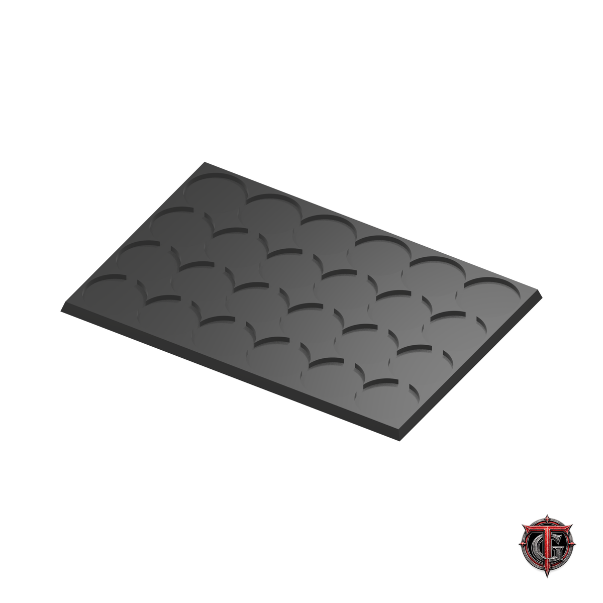 32mm Round to 30mm Square Base 6x4 Movement Tray Converter in black, model recesses facing up, on a white background with Terrain Genesis logo.