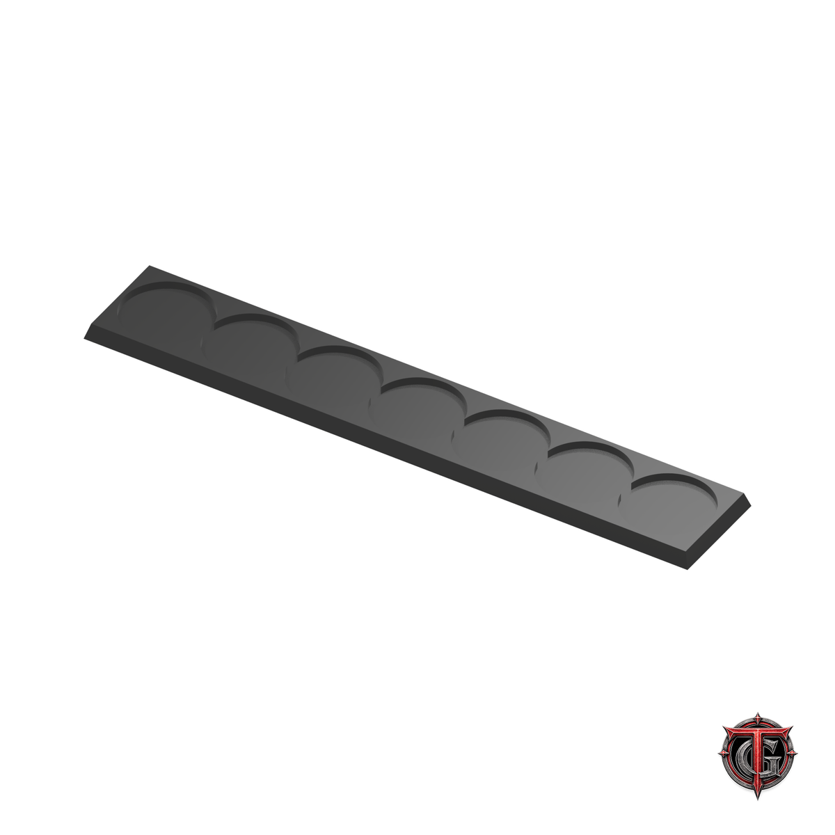 32mm Round to 30mm Square Base 7x1 Movement Tray Converter in black, model recesses facing up, on a white background with Terrain Genesis logo.