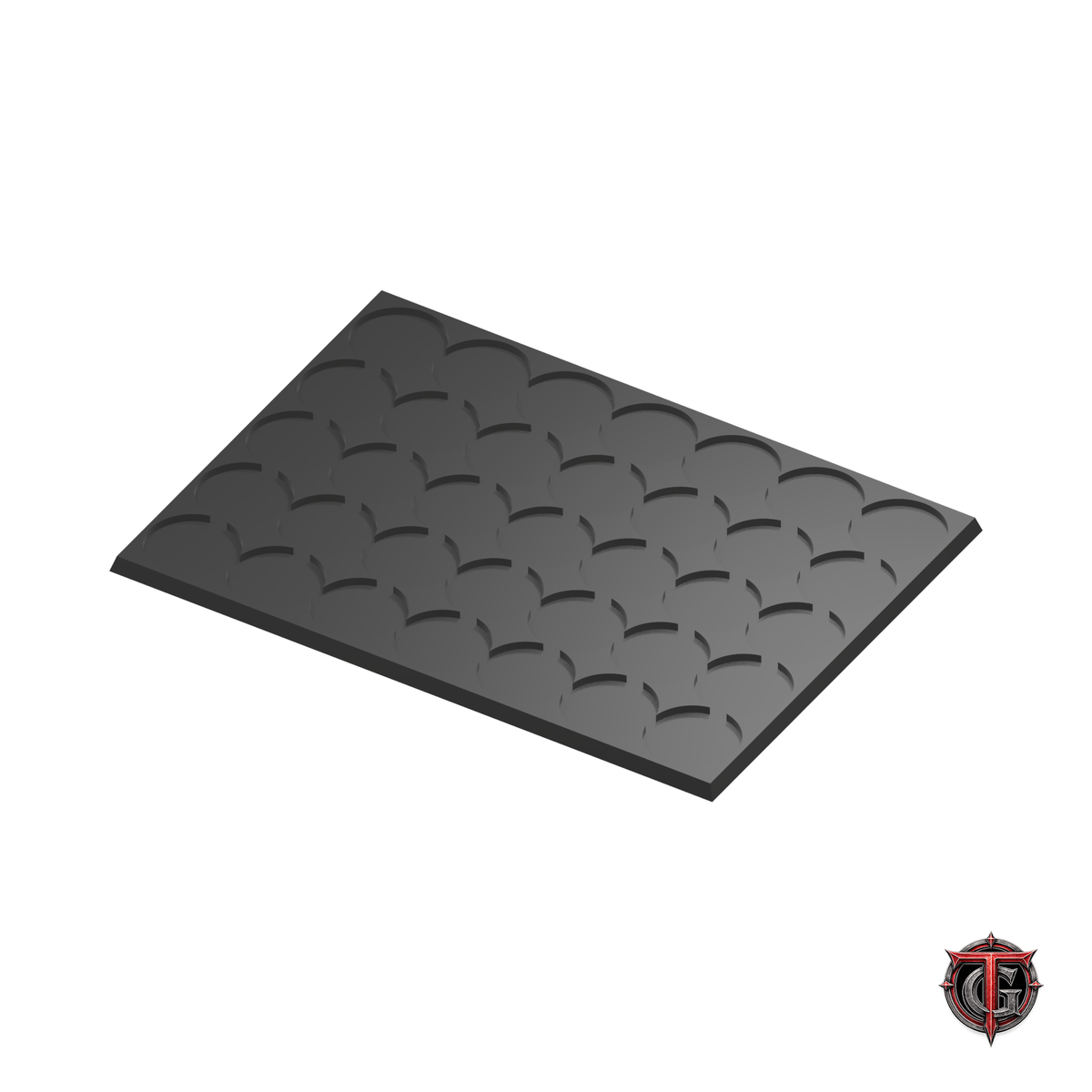 32mm Round to 30mm Square Base 7x5 Movement Tray Converter in black, model recesses facing up, on a white background with Terrain Genesis logo.