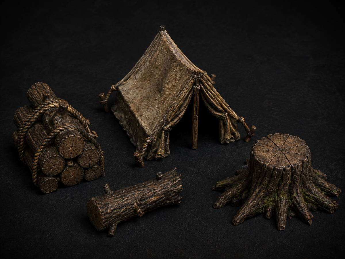 Lumberjack camp terrain pack, 32mm, unpainted resin