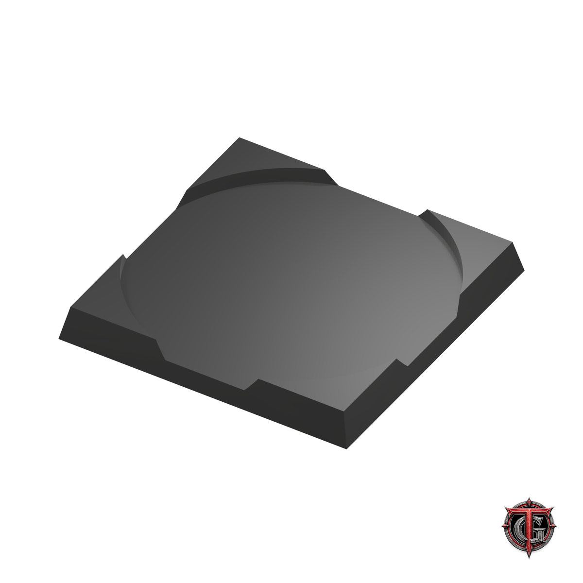40mm Round to 40mm Square Base 1x1 Movement Tray Converter in black, model recesses facing up, on a white background with Terrain Genesis logo.