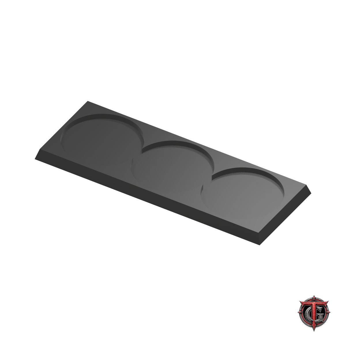 40mm Round to 40mm Square Base 3x1 Movement Tray Converter in black, model recesses facing up, on a white background with Terrain Genesis logo.