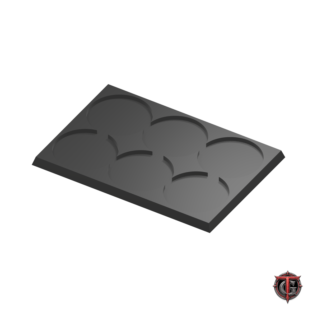 40mm Round to 40mm Square Base 3x2 Movement Tray Converter in black, model recesses facing up, on a white background with Terrain Genesis logo.