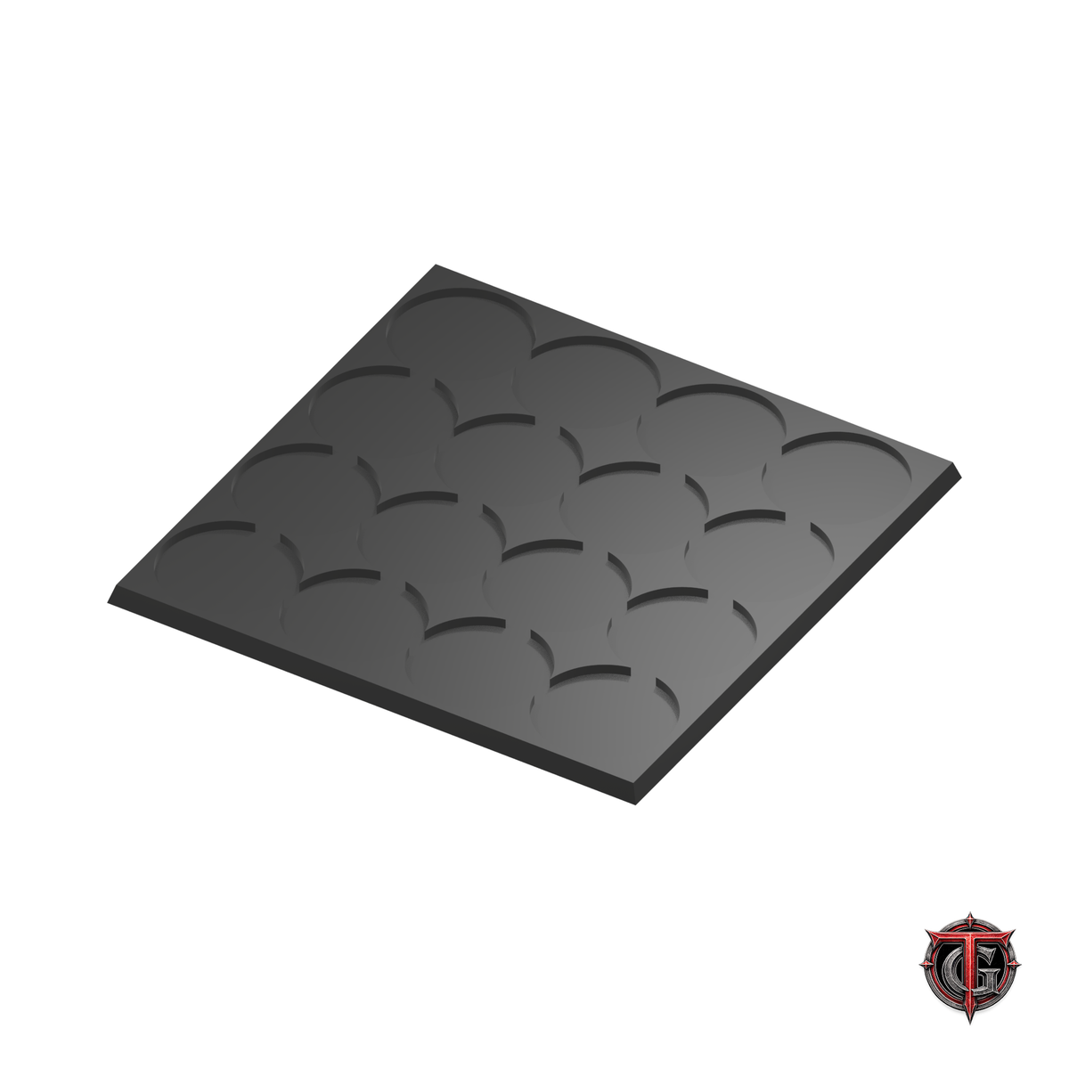 40mm Round to 40mm Square Base 4x4 Movement Tray Converter in black, model recesses facing up, on a white background with Terrain Genesis logo.