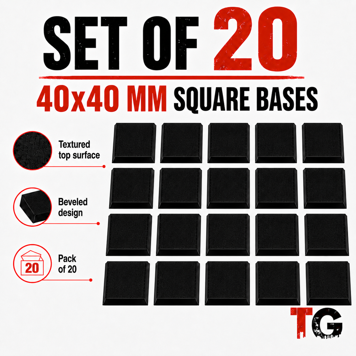 Set of twenty 40mm beveled square miniature bases