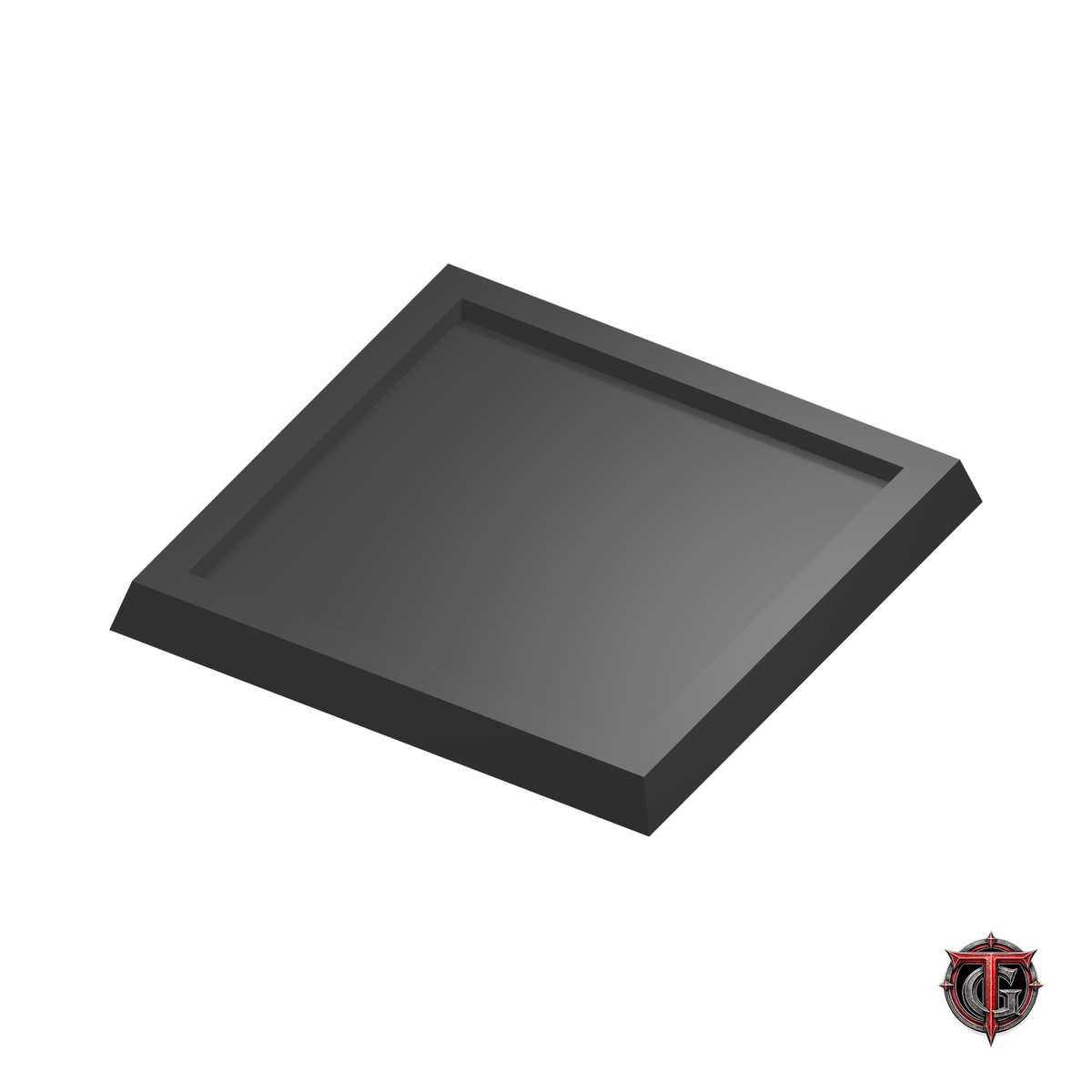 40mm to 50mm Square Base 1x1 Movement Tray Converter in black, model recesses facing up, on a white background with Terrain Genesis logo.