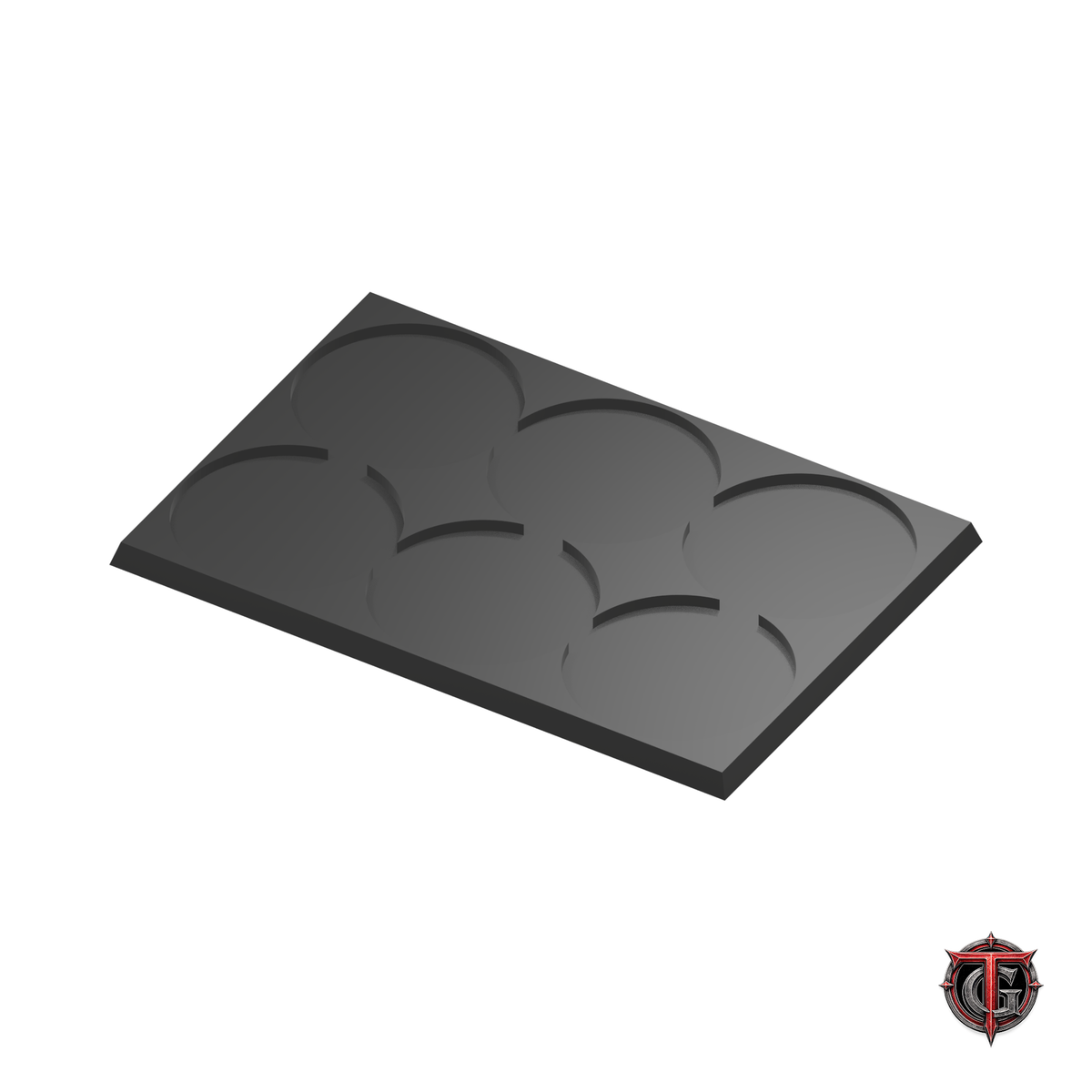 50mm Round to 50mm Square Base 3x2 Movement Tray Converter in black, model recesses facing up, on a white background with Terrain Genesis logo.