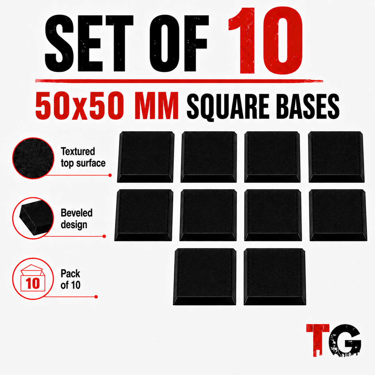 Set of ten 50mm beveled square miniature bases