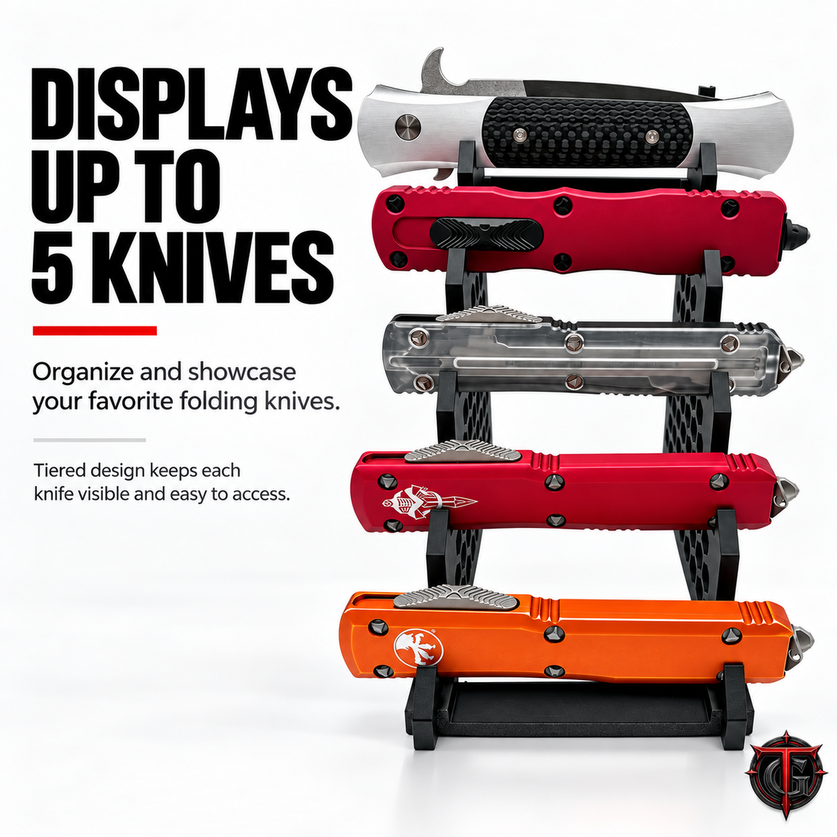 5 Knife Display Stand fully loaded with five folding knives, one in each stepped tier