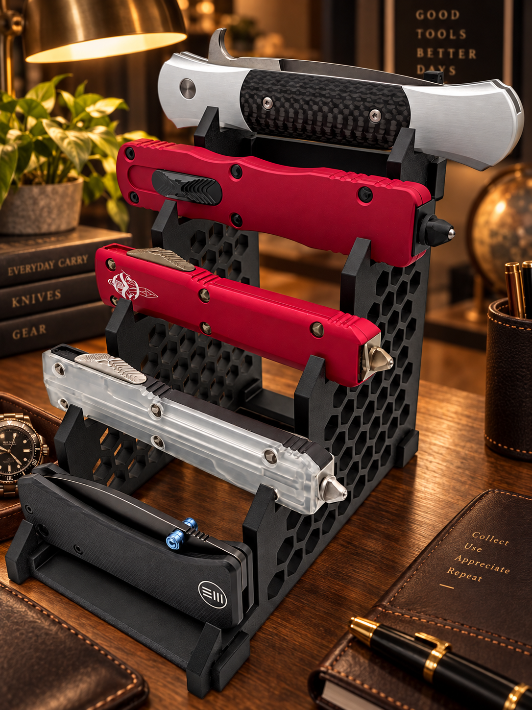 5 Knife Display Stand displaying an everyday carry knife collection in a home setting