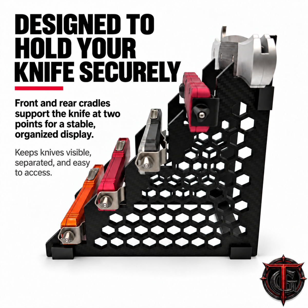 Side view of the 5 Knife Display Stand showing the stepped tier profile and carbon fiber textured side panel