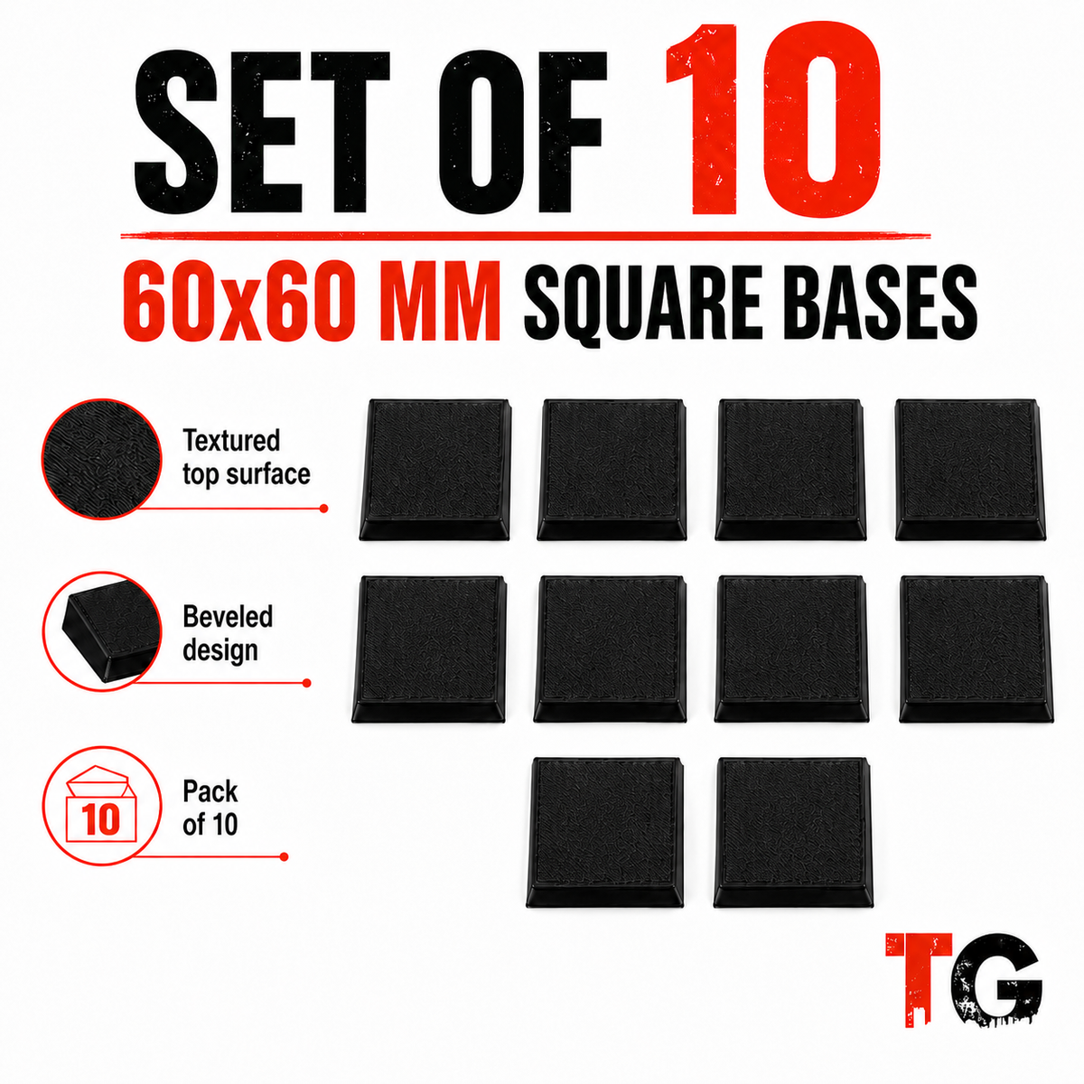 Set of ten 60mm beveled square miniature bases