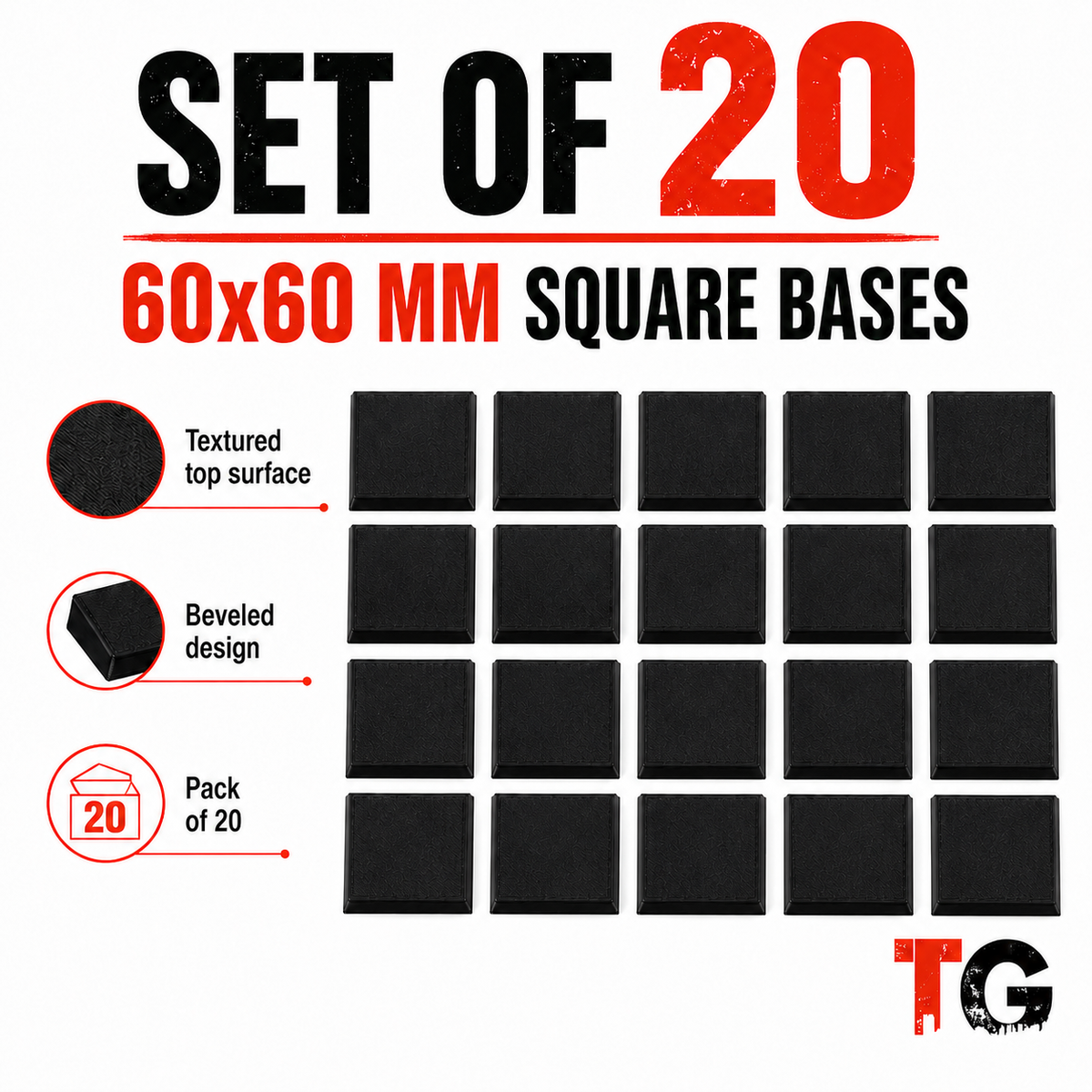 Set of twenty 60mm beveled square miniature bases