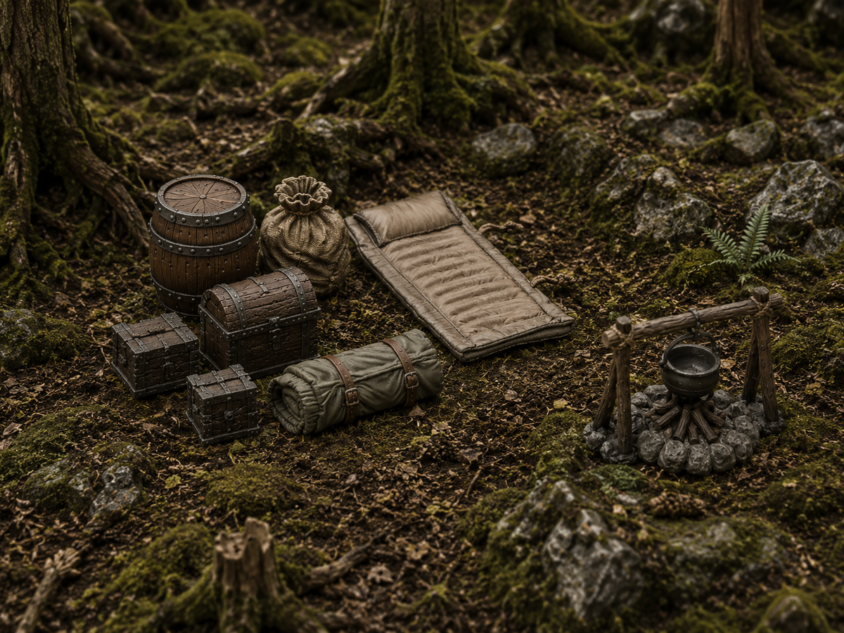 Camping terrain pack, tents and campfire