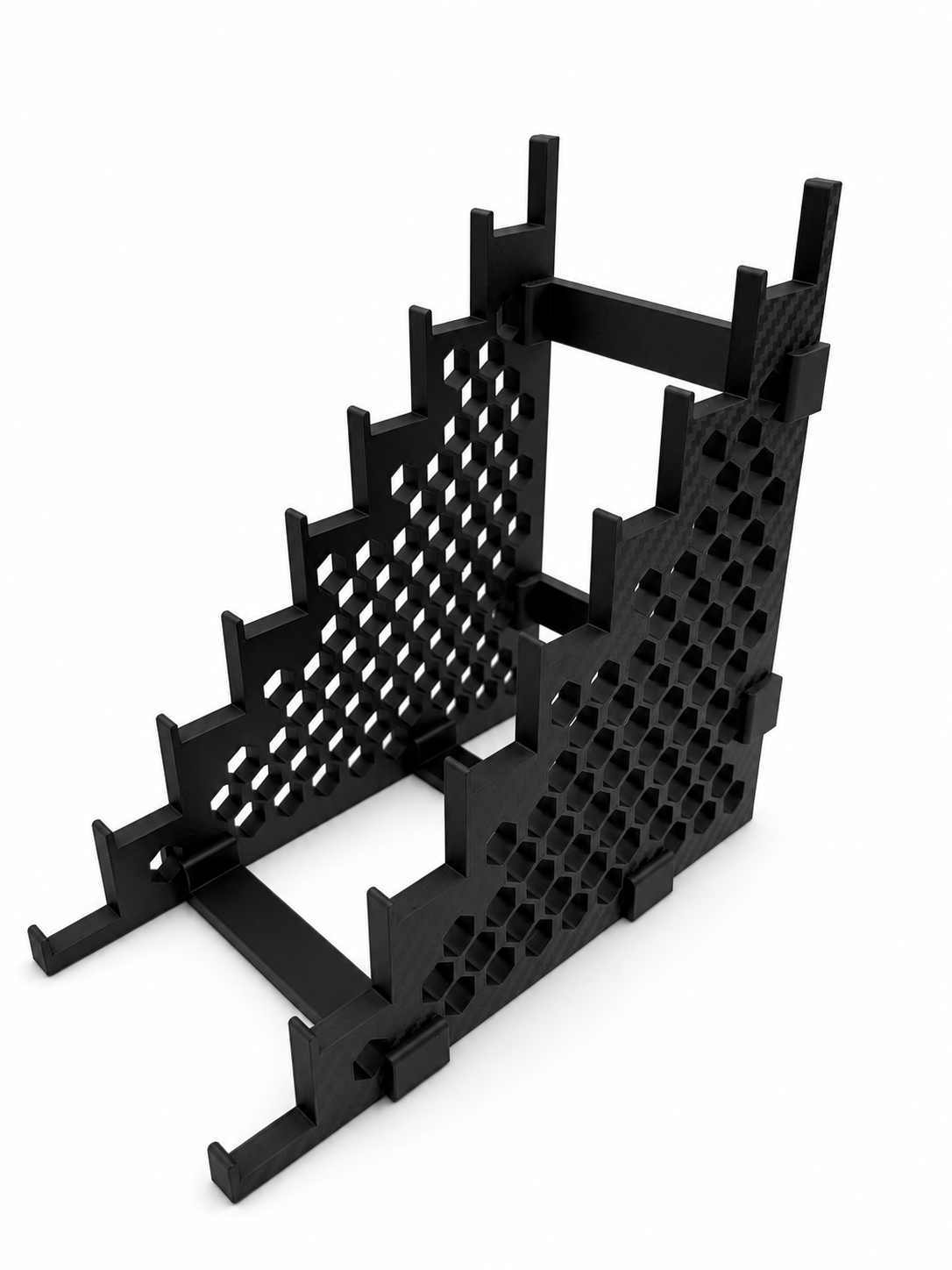 Matte black carbon fiber look 3D printed 8 knife display stand holding eight closed folding knives in stacked slots