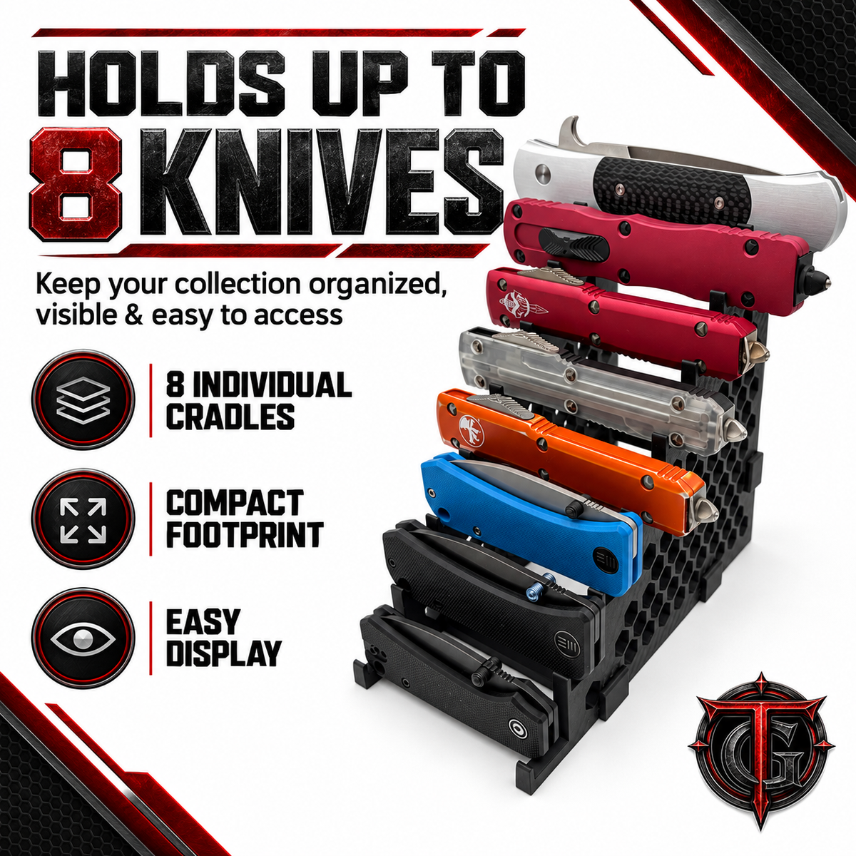 8 Knife Display Stand fully loaded with eight closed folding knives, one per tier