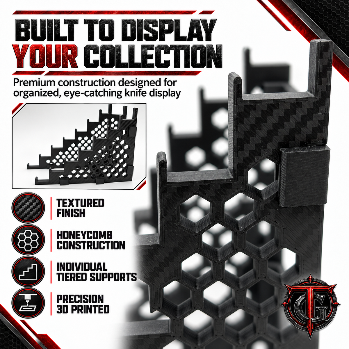 8 Knife Display Stand feature graphic: tool-free friction fit assembly in under a minute