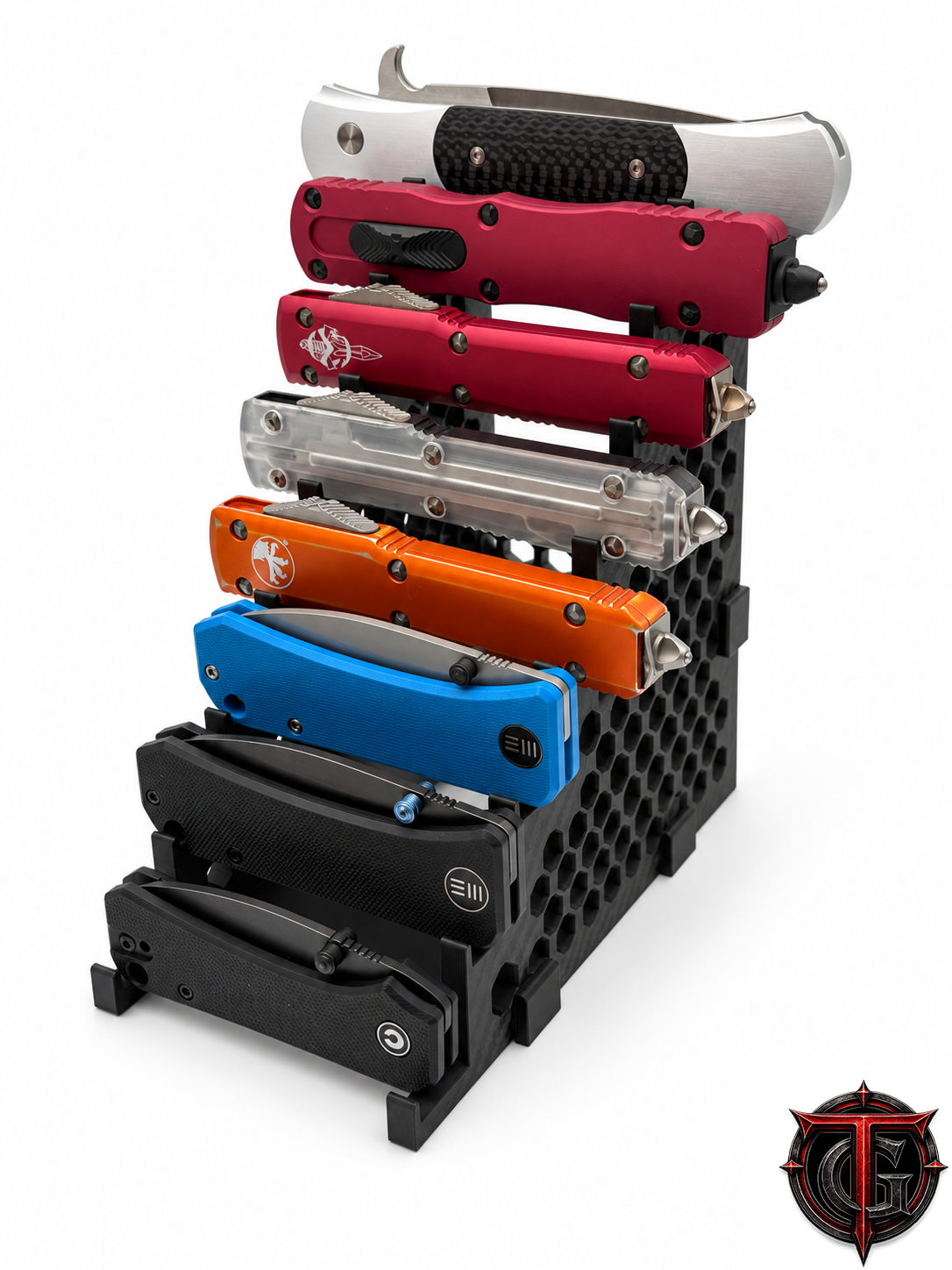 8 Knife Display Stand fully loaded with eight folding knives on a shelf