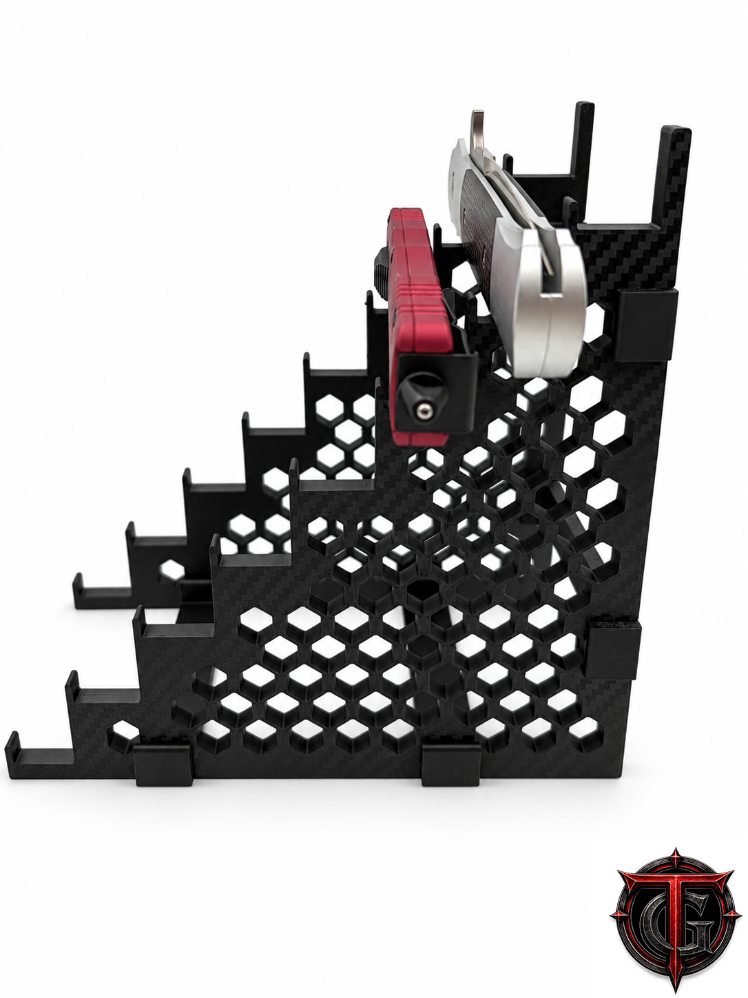 Side view of the 8 Knife Display Stand showing the eight stacked tiers and crossbar assembly