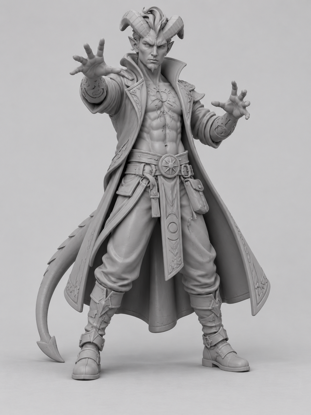 Original gray reference of Akmenos male tiefling warlock with horns, tail and outstretched hands