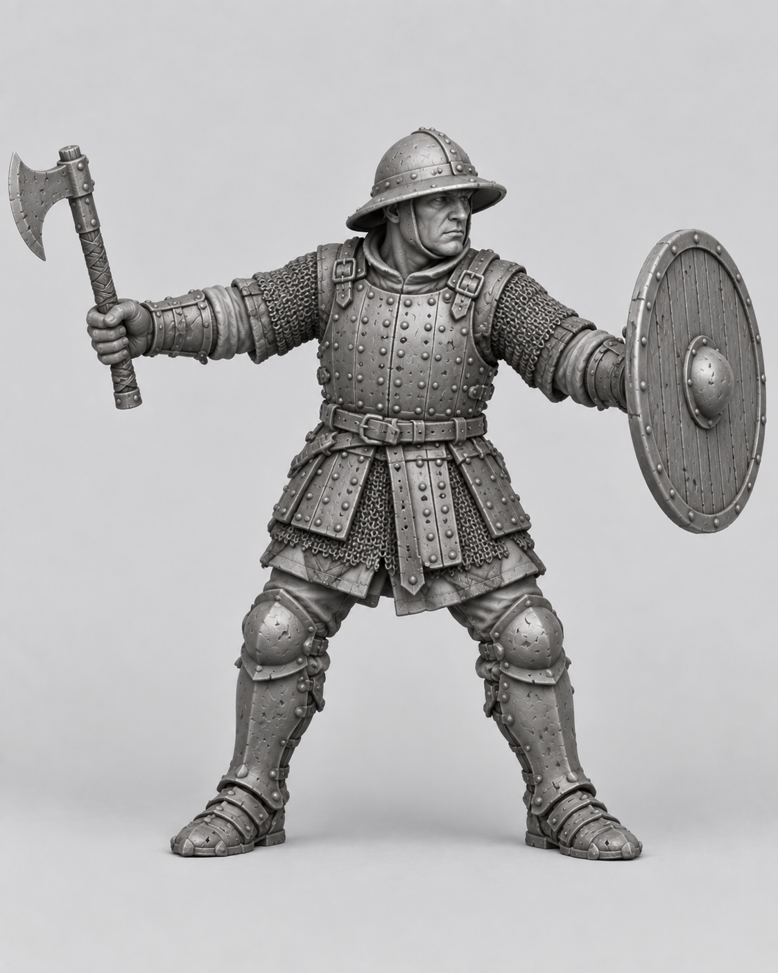 Approved gray reference of Alexander, male human fighter with axe, round shield and armor.