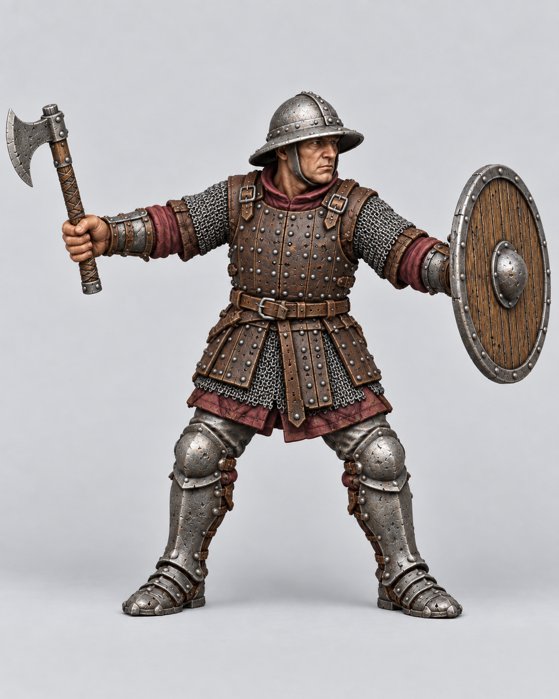 Painted Alexander male human fighter without a base, showing burgundy cloth, brown armor and weathered steel; supplied unpainted.