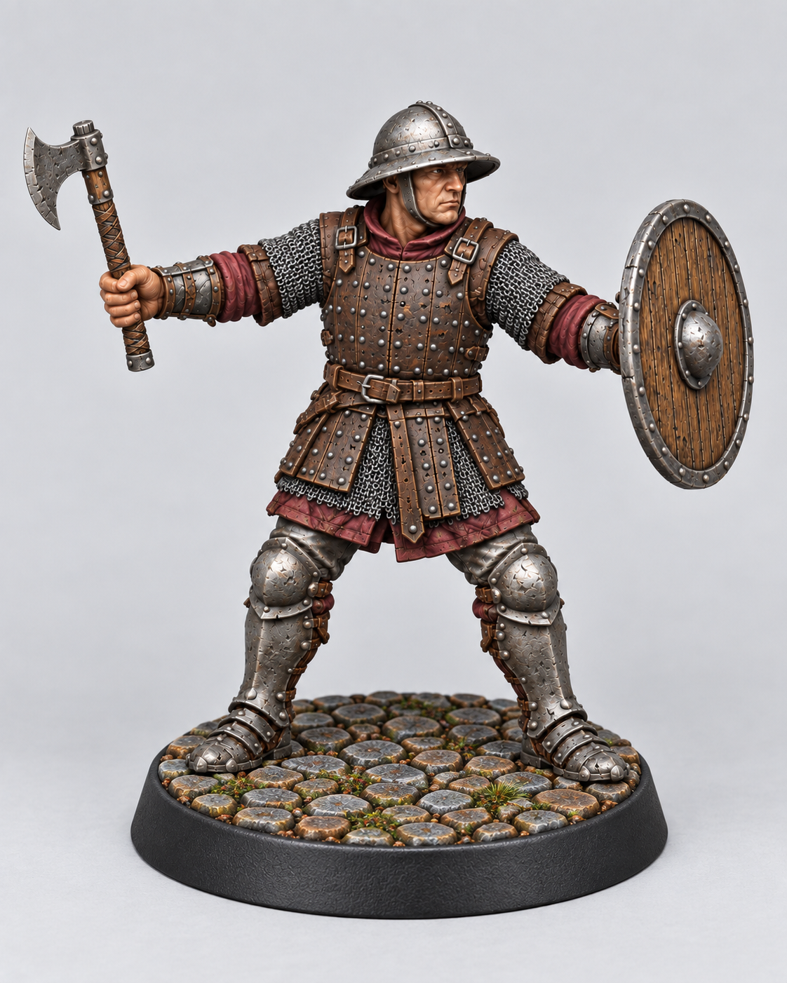 Painted Alexander male human fighter with axe and shield on a Cobblestone base; supplied unpainted.