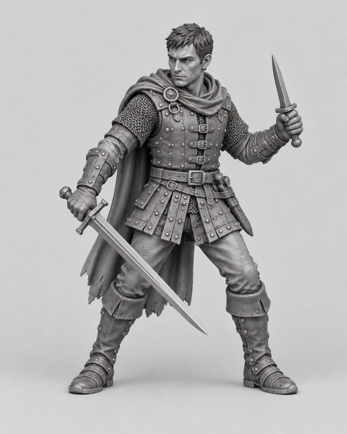 Approved gray reference of Brian, male human fighter with sword, dagger and leather armor.