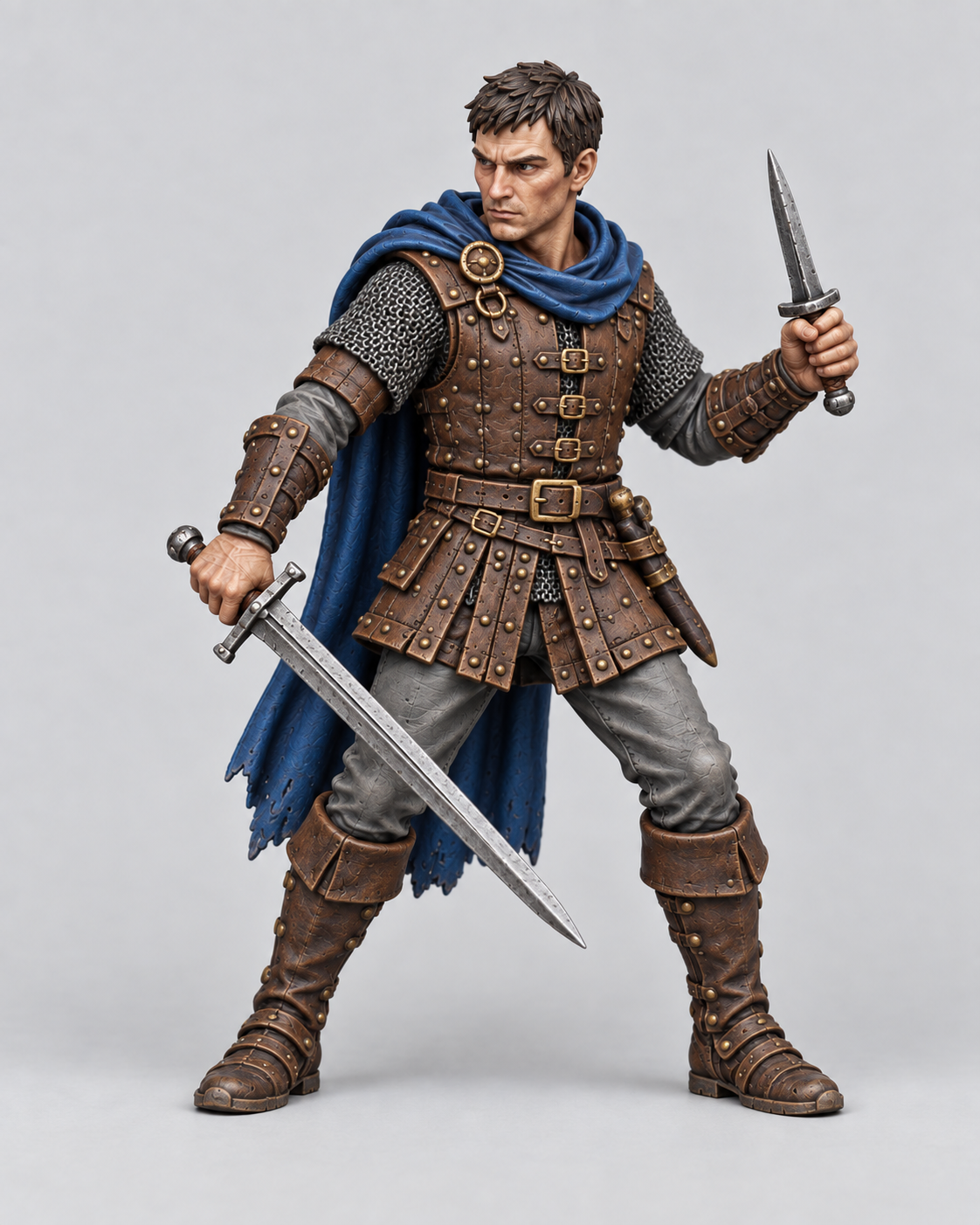 Painted Brian male human fighter without a base, showing deep-blue cloak, brown leather armor and steel weapons; supplied unpainted.