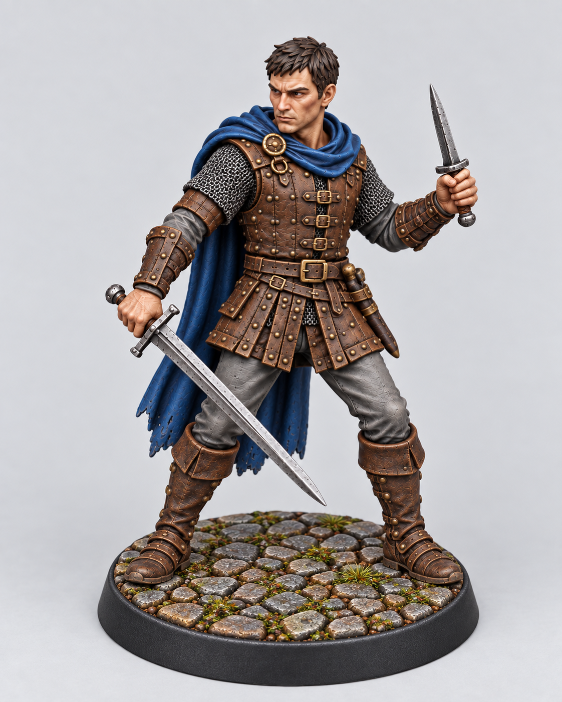 Painted Brian male human fighter with sword and dagger on a Cobblestone base; supplied unpainted.
