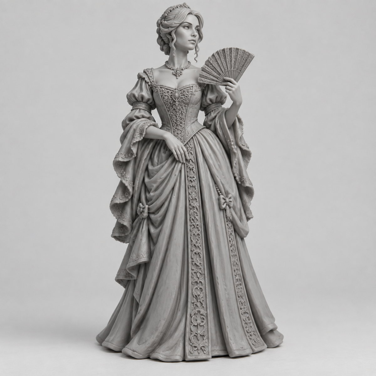 Original gray reference of Brianna, female human noble NPC with ornate gown and fan.