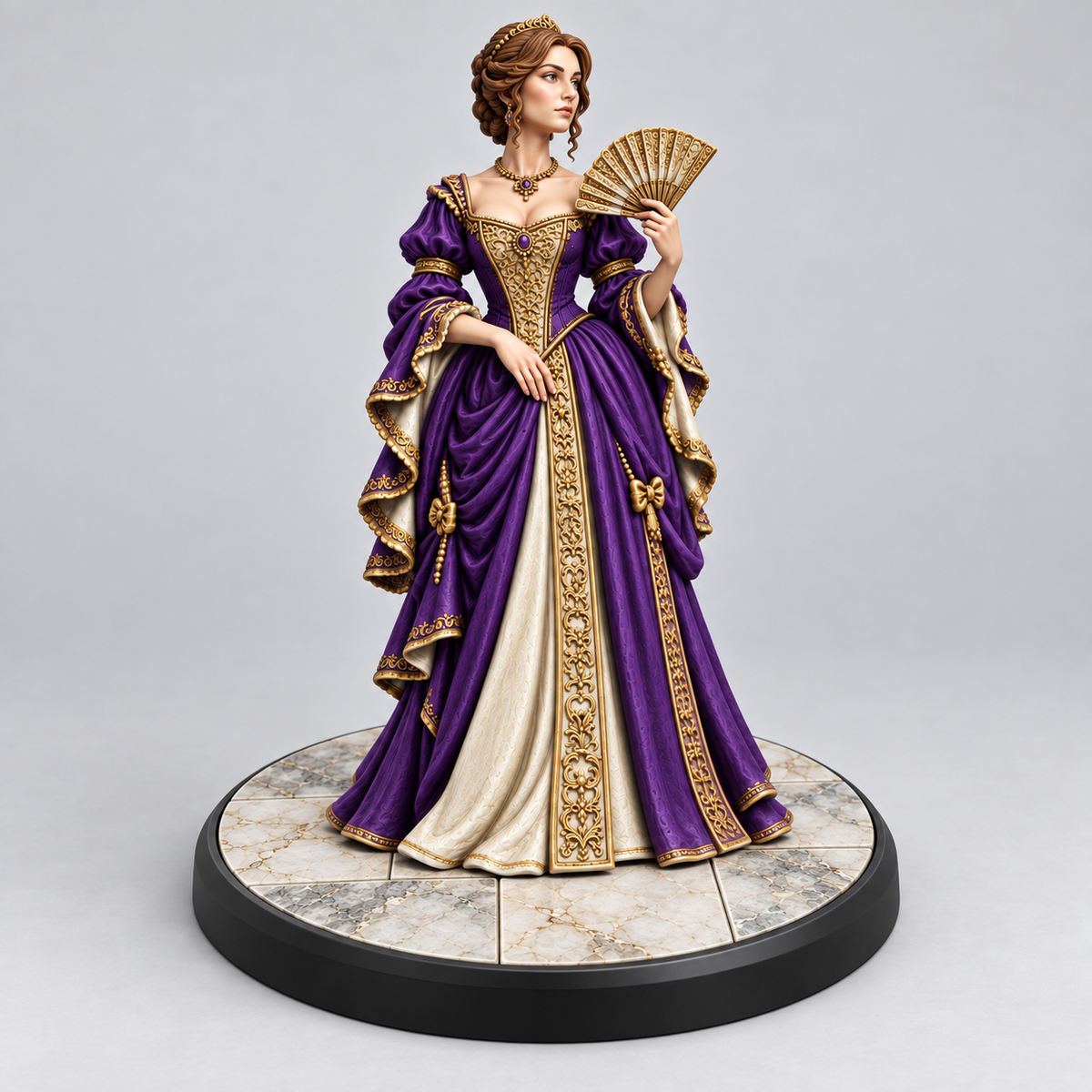 Brianna female human noble NPC, painted purple and ivory with gold trim on a Marble presentation base; supplied unpainted.