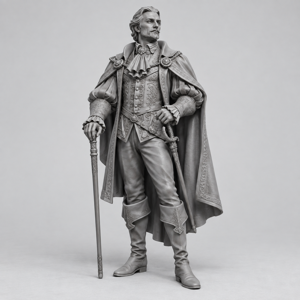 Original gray reference of Cale, male human noble NPC with ornate cloak, cane and sheathed sword.