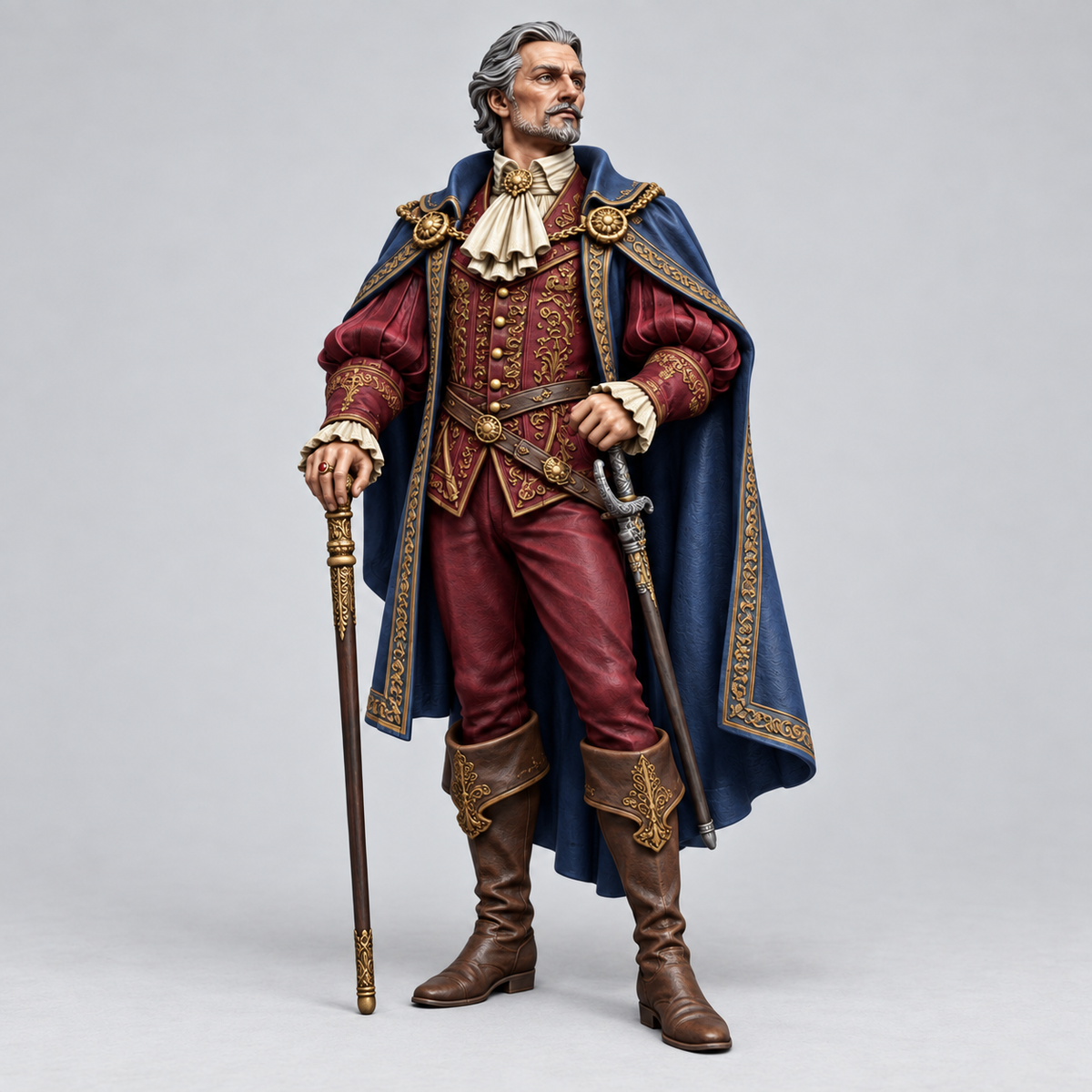 Painted Cale male human noble NPC without a base, showing burgundy clothing, midnight-blue cloak and gold trim; painting inspiration.